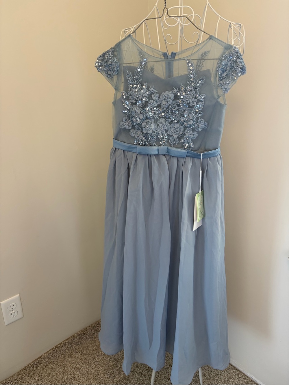 Kids Embroidered Blue Grey Floral Tulle Dress